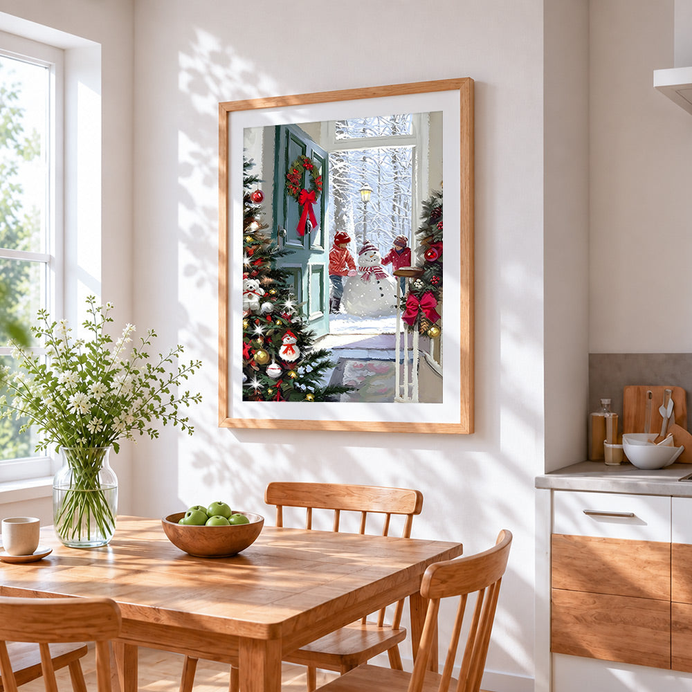 Cosy view of children building snowman cross stitch artwork displayed on wall as home decor