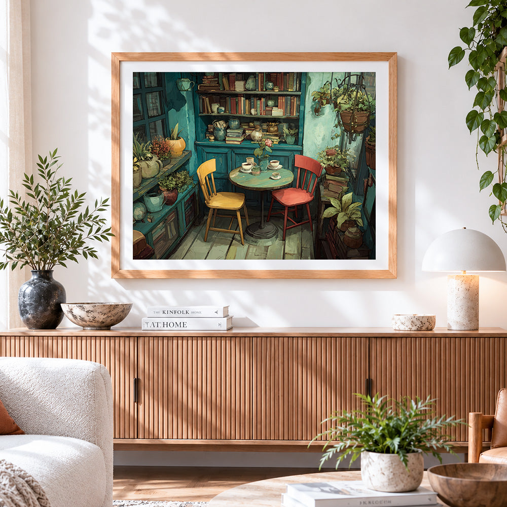 Finished cosy vintage bookshelf and plants cross stitch artwork displayed