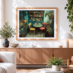 Finished cosy vintage bookshelf and plants paint by numbers artwork displayed as home decor