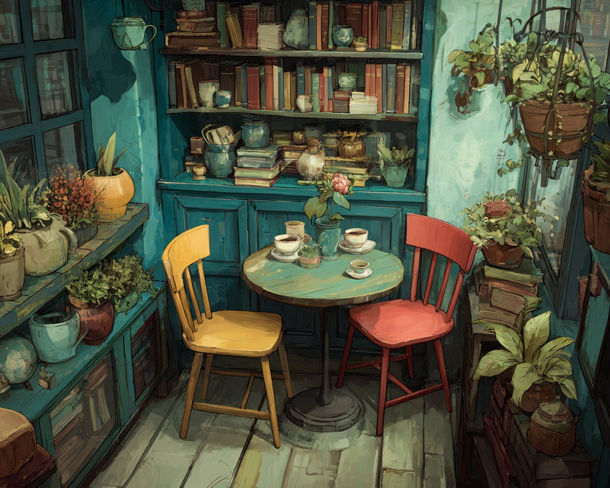 Cosy vintage bookshelf and plants paint by numbers kit for beginners