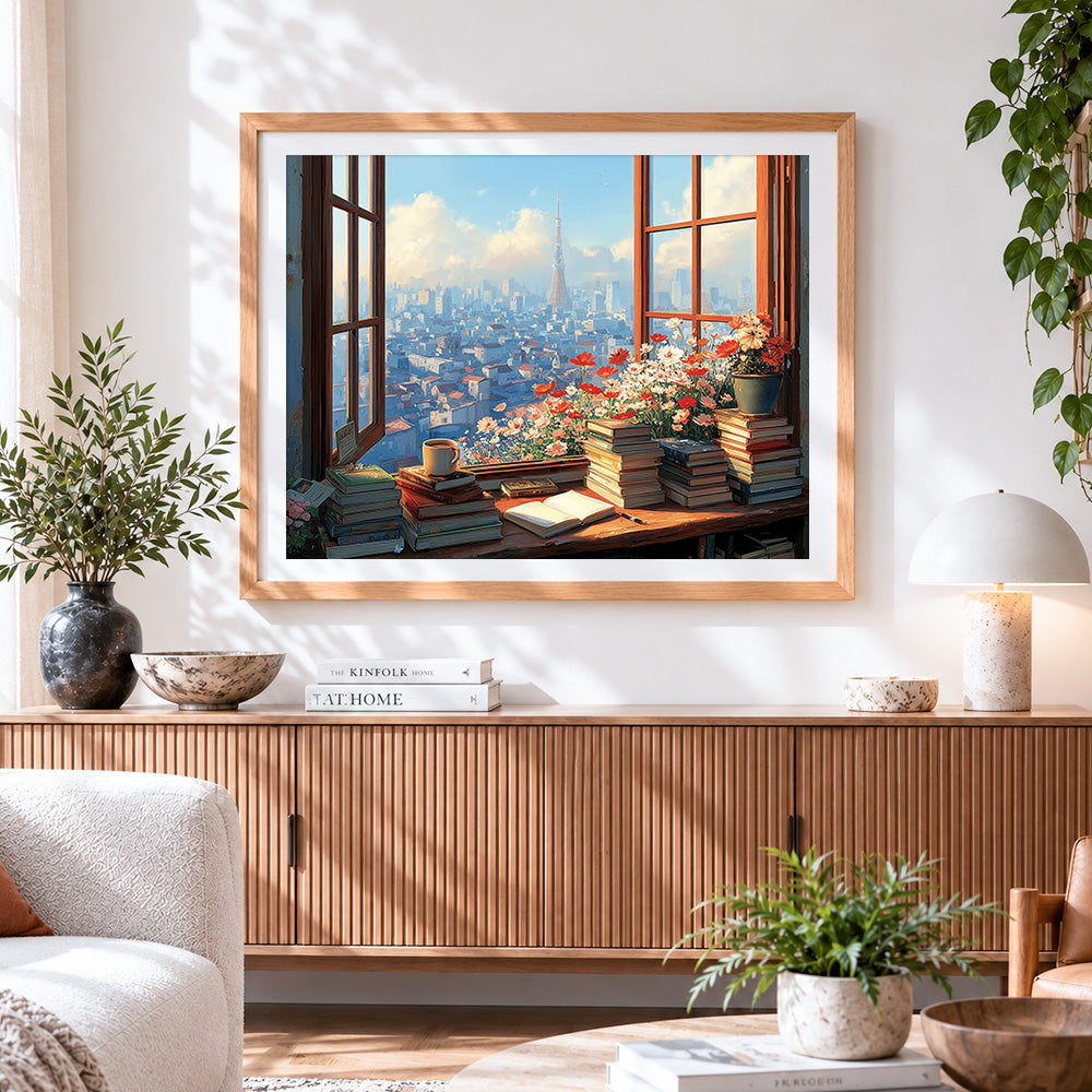 Finished cosy window books and city view paint by numbers artwork displayed as home decor