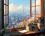 Cosy window books and city view paint by numbers kit for beginners