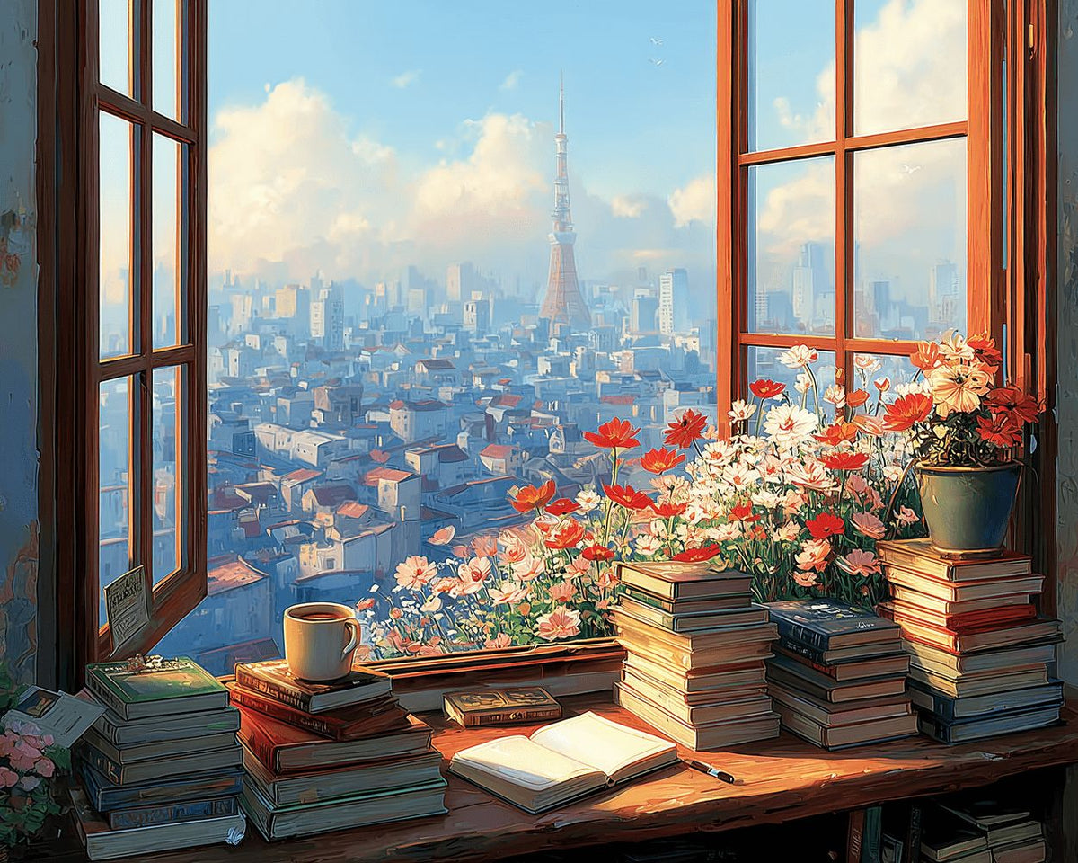 Cosy window books and city view paint by numbers kit for beginners