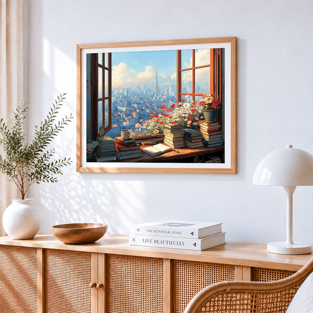 Cosy window books and city view paint by numbers artwork displayed on wall as home decor