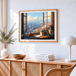 Cosy window books and city view paint by numbers artwork displayed on wall as home decor