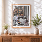 Finished cosy window breakfast cross stitch artwork displayed