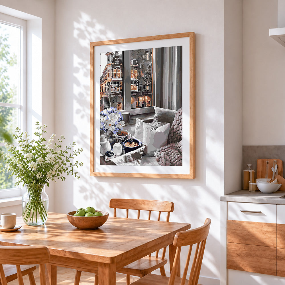 Cosy window breakfast cross stitch artwork displayed on wall as home decor