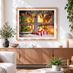 Finished cosy window with festive decorations cross stitch artwork displayed