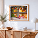 Cosy window with festive decorations cross stitch artwork displayed on wall as home decor
