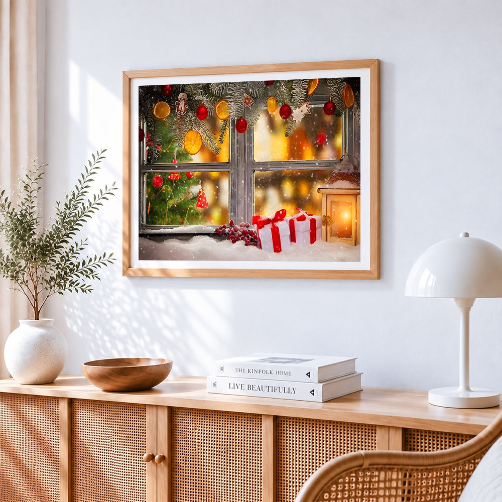 Cosy window with festive decorations cross stitch artwork displayed on wall as home decor
