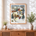 Finished cosy winter sleigh and snowman cross stitch artwork displayed