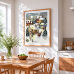 Cosy winter sleigh and snowman cross stitch artwork displayed on wall as home decor