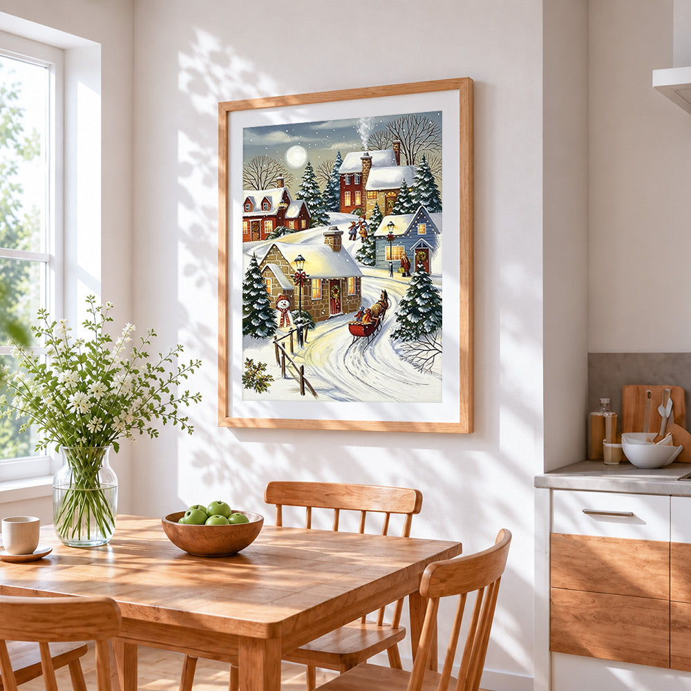 Cosy winter sleigh and snowman cross stitch artwork displayed on wall as home decor