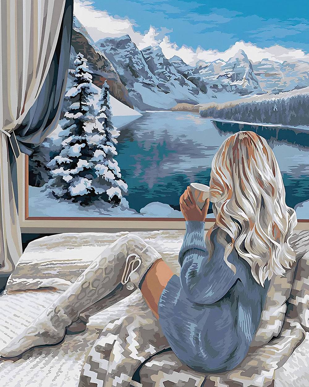 Cosy winter window mountain view cross stitch kit for beginners