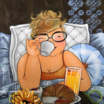 Cosy woman enjoying breakfast in bed cross stitch kit for beginners