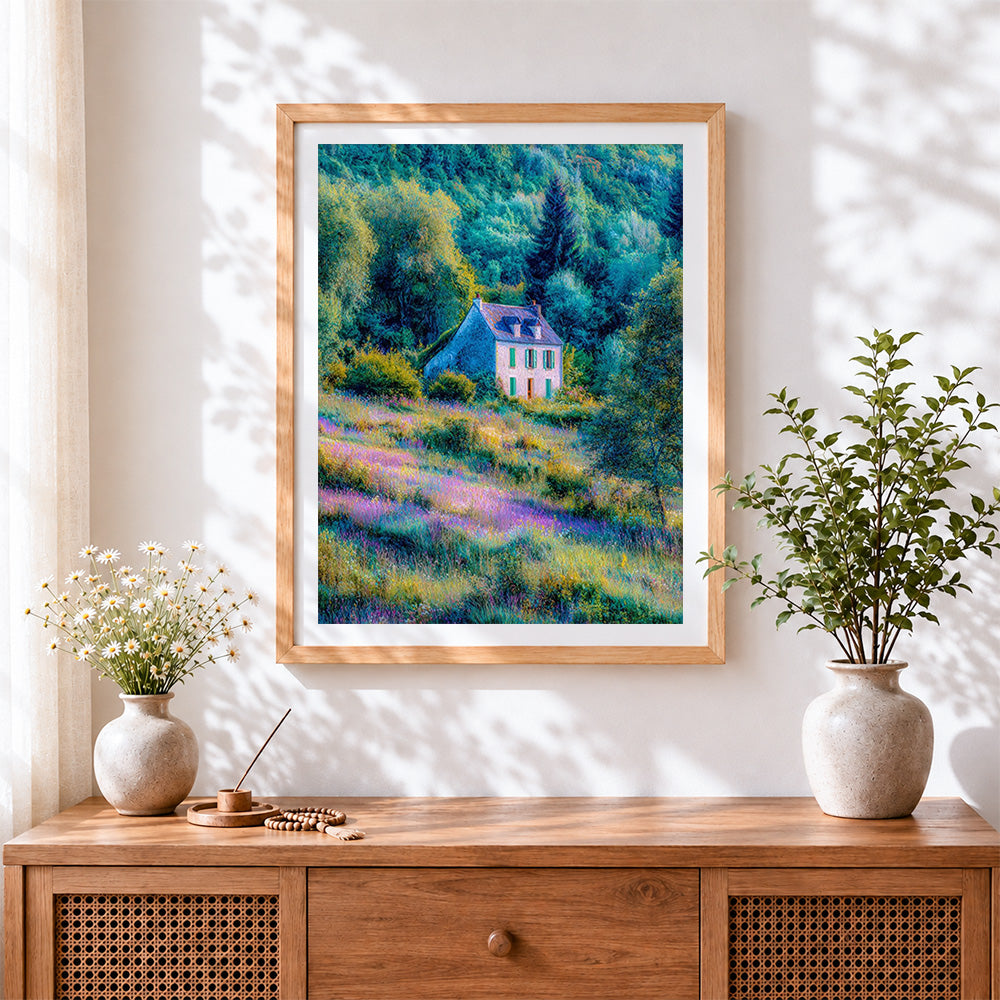 Finished cottage in a wildflower valley cross stitch artwork displayed