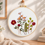 Cotton and burgundy flower arrangement embroidery hoop wall art displayed as warm and cosy handmade home decor