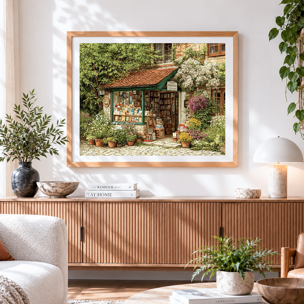 Finished countryside bookshop and plants cross stitch artwork displayed