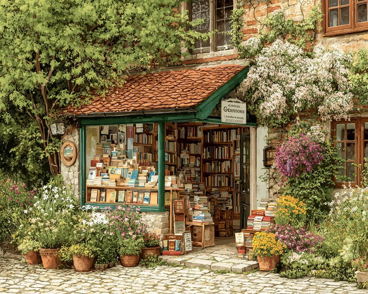 Countryside bookshop and plants paint by numbers kit for beginners