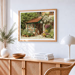 Countryside bookshop and plants paint by numbers artwork displayed on wall as home decor