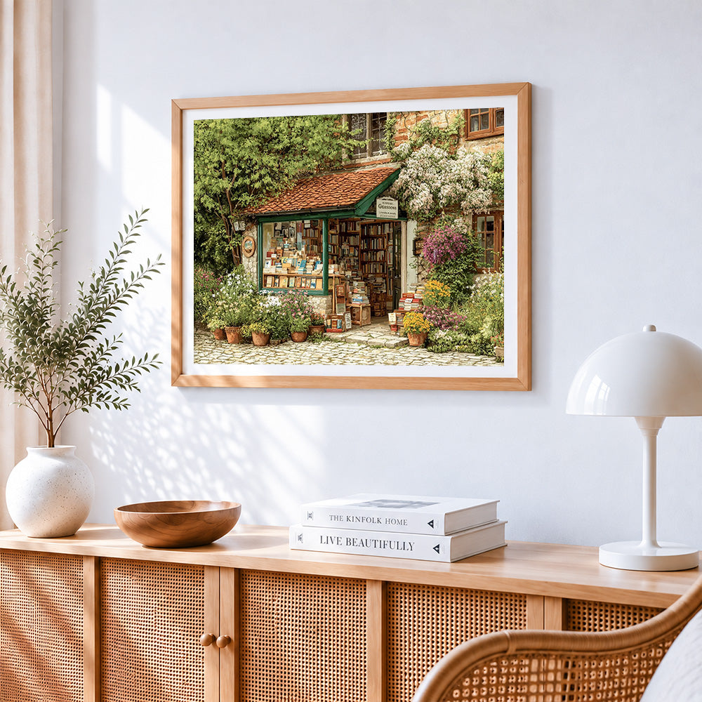 Countryside bookshop and plants paint by numbers artwork displayed on wall as home decor