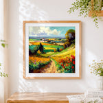Finished countryside path with wildflowers cross stitch artwork displayed