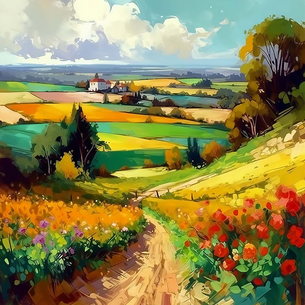 Countryside path with wildflowers cross stitch kit for beginners