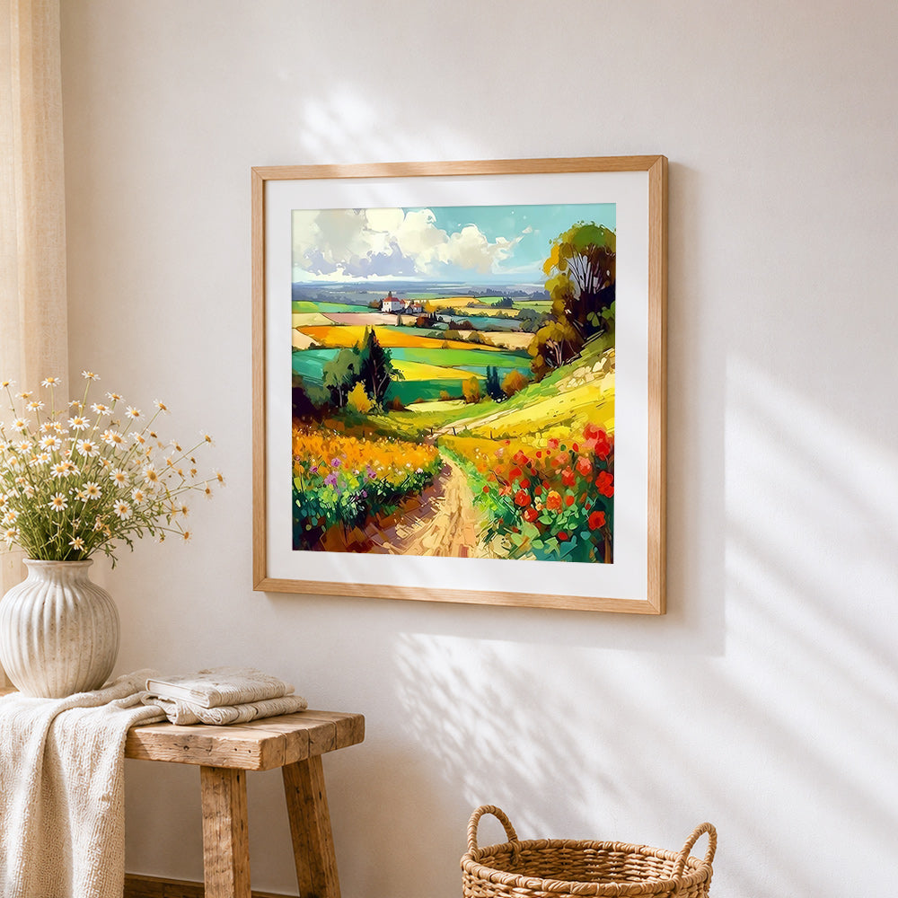 Countryside path with wildflowers cross stitch artwork displayed on wall as home decor
