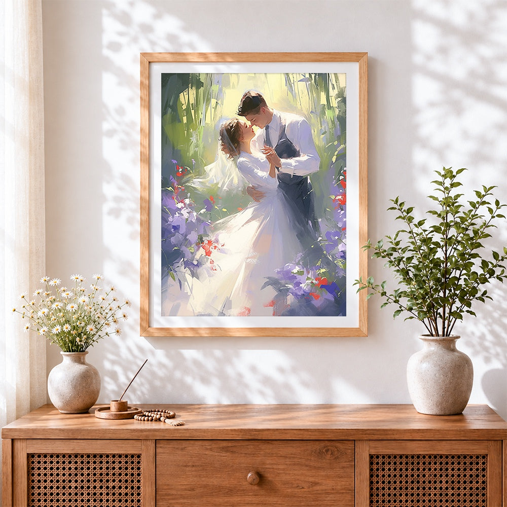 Finished couple embracing in floral meadow cross stitch artwork displayed
