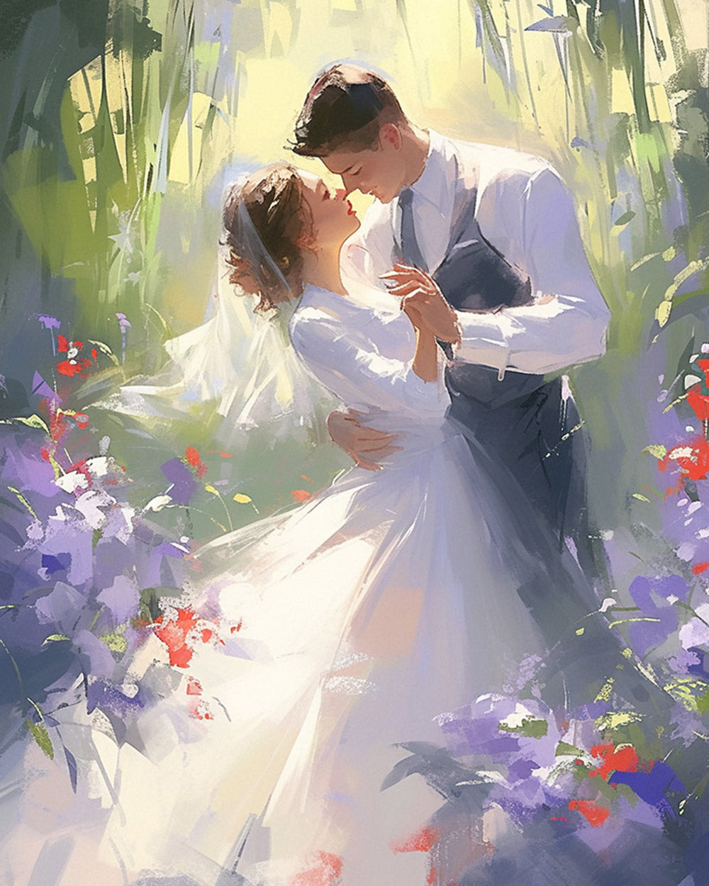 Couple embracing in floral meadow cross stitch kit for beginners