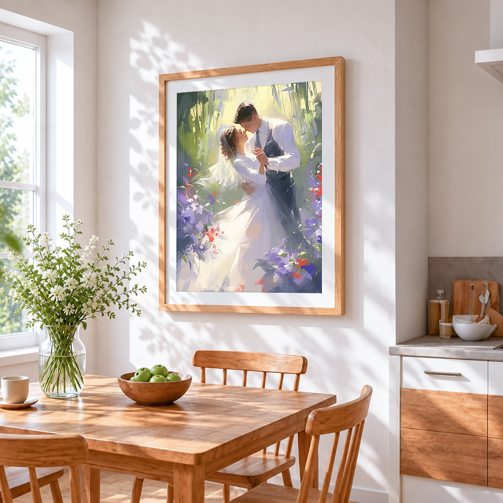 Couple embracing in floral meadow cross stitch artwork displayed on wall as home decor