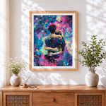Finished couple embracing in starry night cross stitch artwork displayed