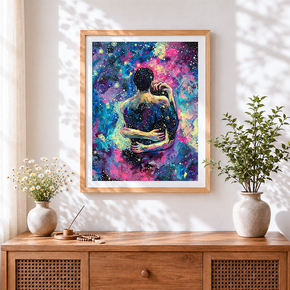 Finished couple embracing in starry night cross stitch artwork displayed