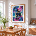 Couple embracing in starry night cross stitch artwork displayed on wall as home decor