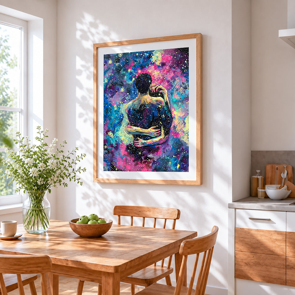 Couple embracing in starry night cross stitch artwork displayed on wall as home decor