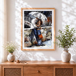Finished couple hugging in heavy rain cross stitch artwork displayed