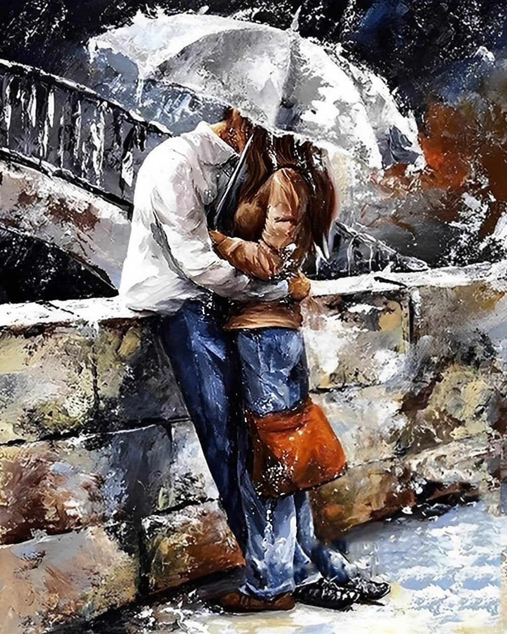 Couple hugging in heavy rain cross stitch kit for beginners
