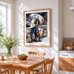 Couple hugging in heavy rain cross stitch artwork displayed on wall as home decor