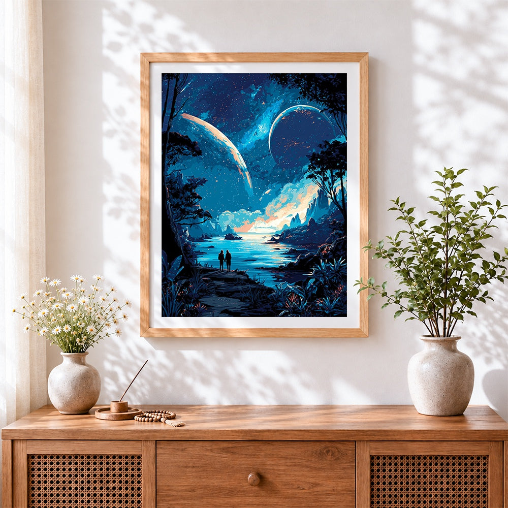 Finished couple under giant planets cross stitch artwork displayed