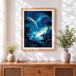 Finished couple under giant planets cross stitch artwork displayed