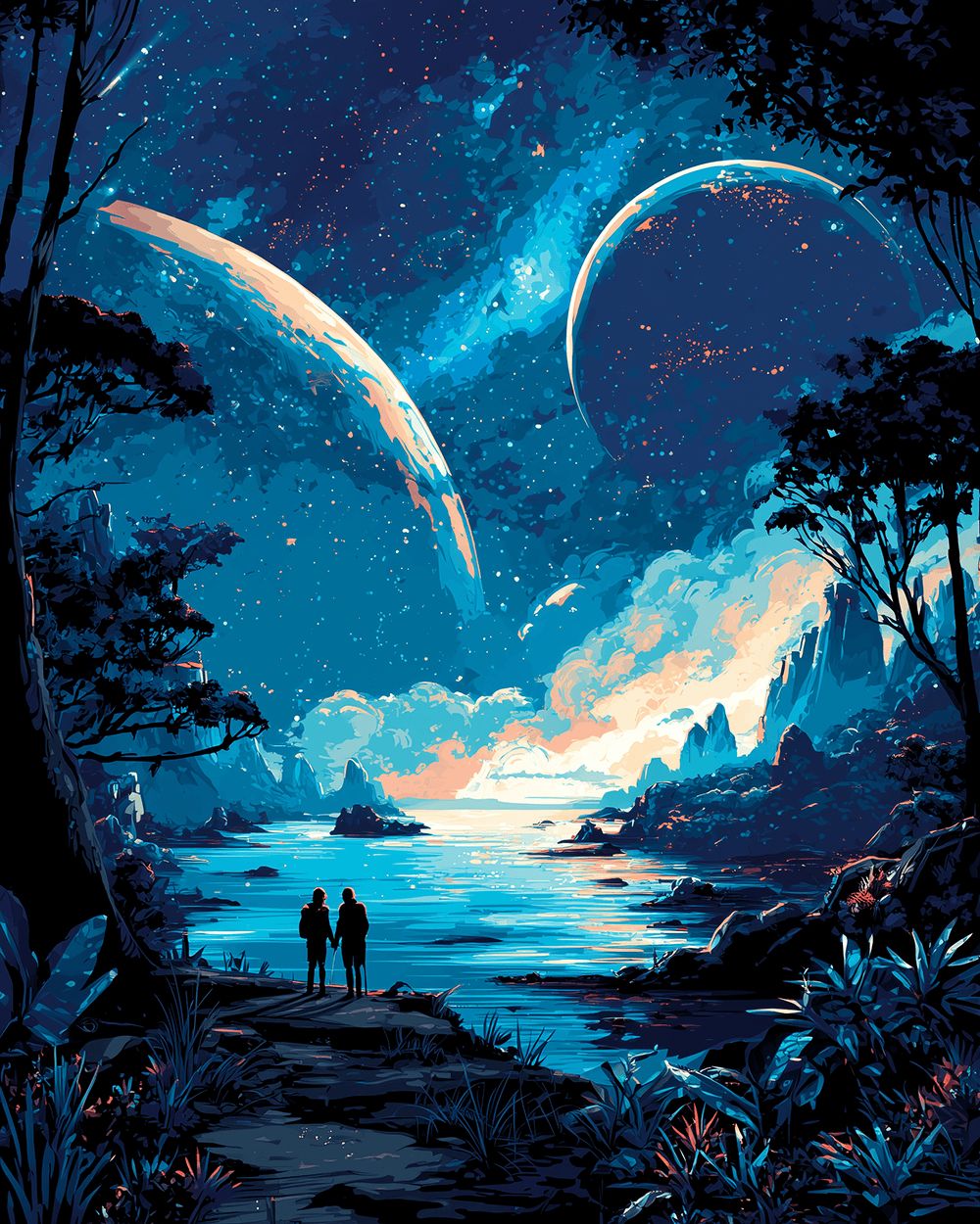 Couple under giant planets cross stitch kit for beginners