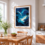 Couple under giant planets cross stitch artwork displayed on wall as home decor