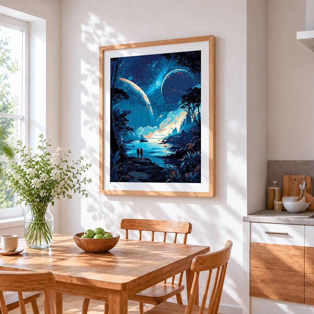 Couple under giant planets cross stitch artwork displayed on wall as home decor