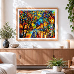 Finished couple walking in a colourful rainy park cross stitch artwork displayed