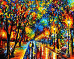 Couple walking in a colourful rainy park cross stitch kit for beginners