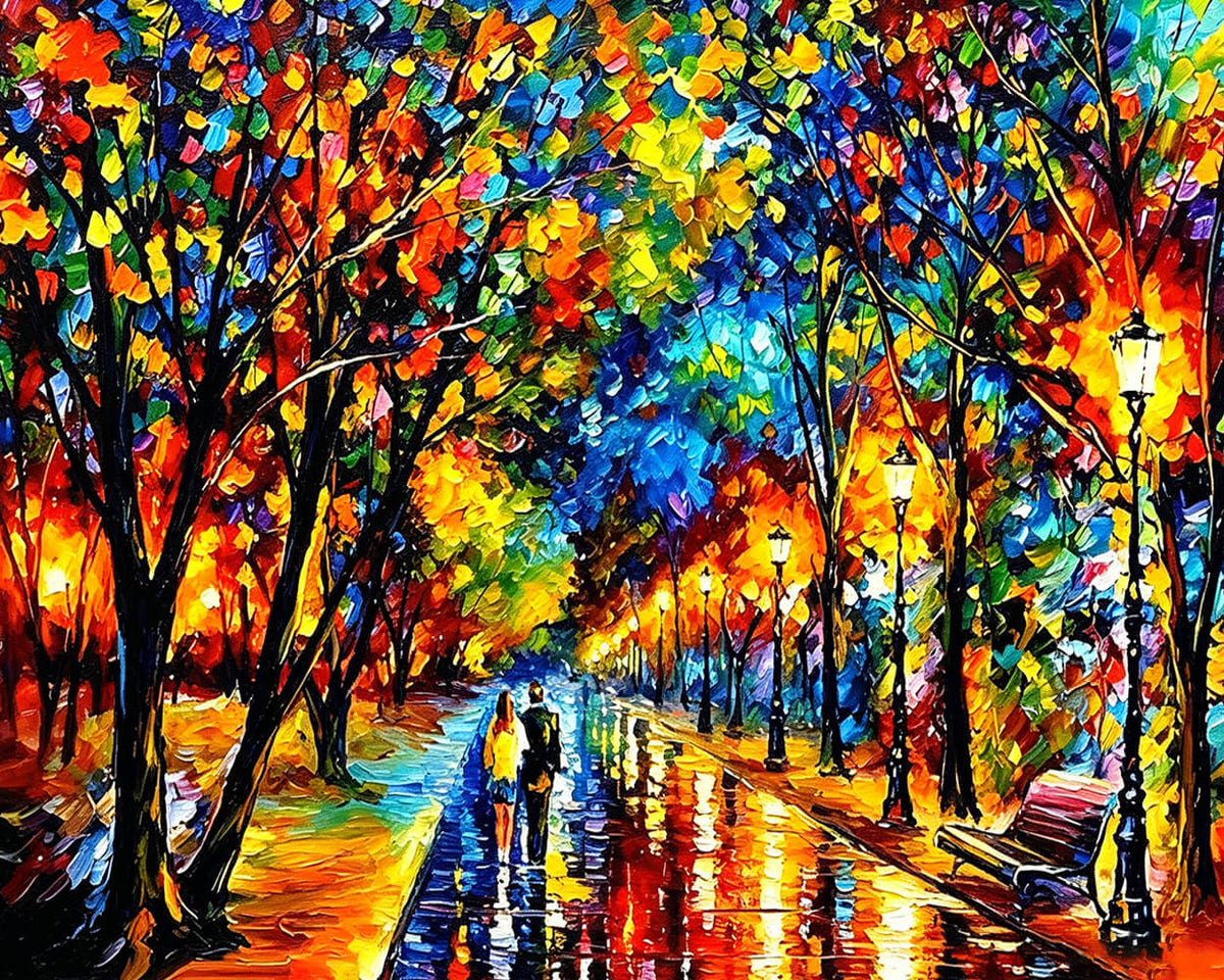 Couple walking in a colourful rainy park cross stitch kit for beginners