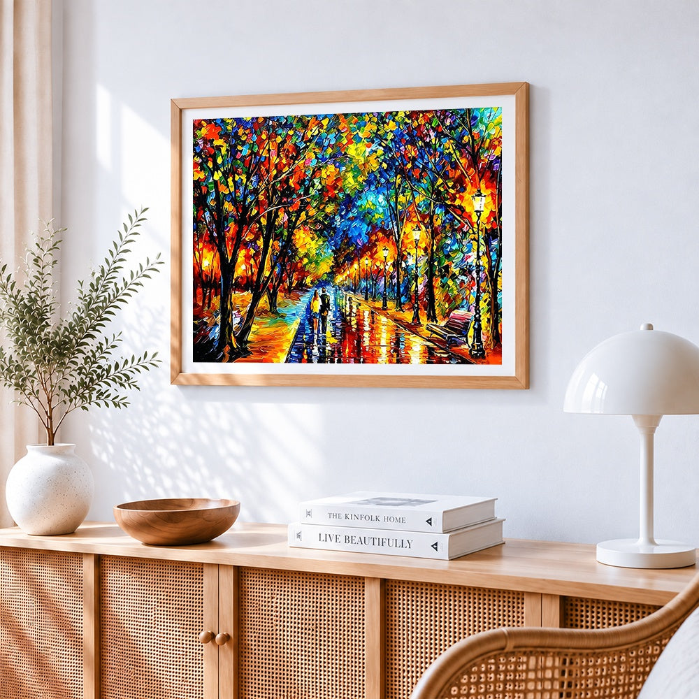 Couple walking in a colourful rainy park cross stitch artwork displayed on wall as home decor
