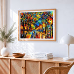 Couple walking in a colourful rainy park cross stitch artwork displayed on wall as home decor