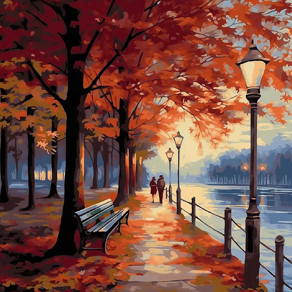 Couple walking in an autumn park cross stitch kit for beginners