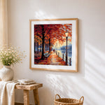 Couple walking in an autumn park cross stitch artwork displayed on wall as home decor